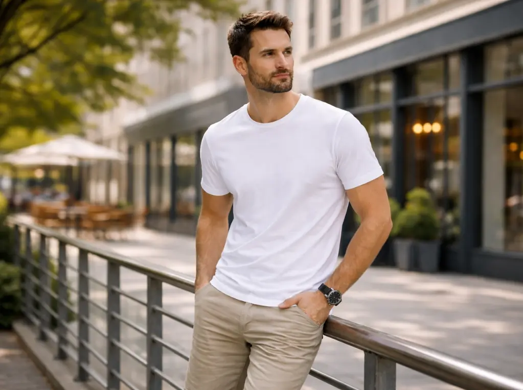 Άνδρας με λευκό κοντομάνικο t-shirt σε καθημερινό αστικό στυλ