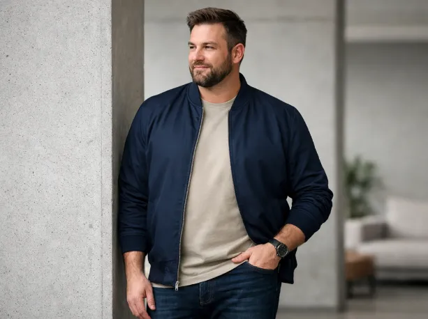 Άνδρας με άνετο casual ντύσιμο σε μεγάλα μεγέθη, με bomber μπουφάν και t-shirt
