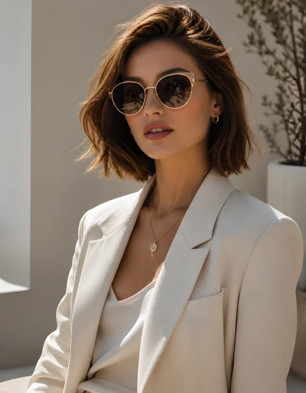 Luxury women's fashion portrait with minimalist elegant style and confident aesthetic