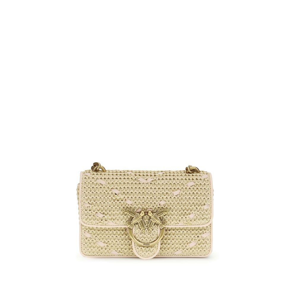 Pinko Μπεζ Τσάντα Ώμου από Raffia με Δερμάτινες Λεπτομέρειες