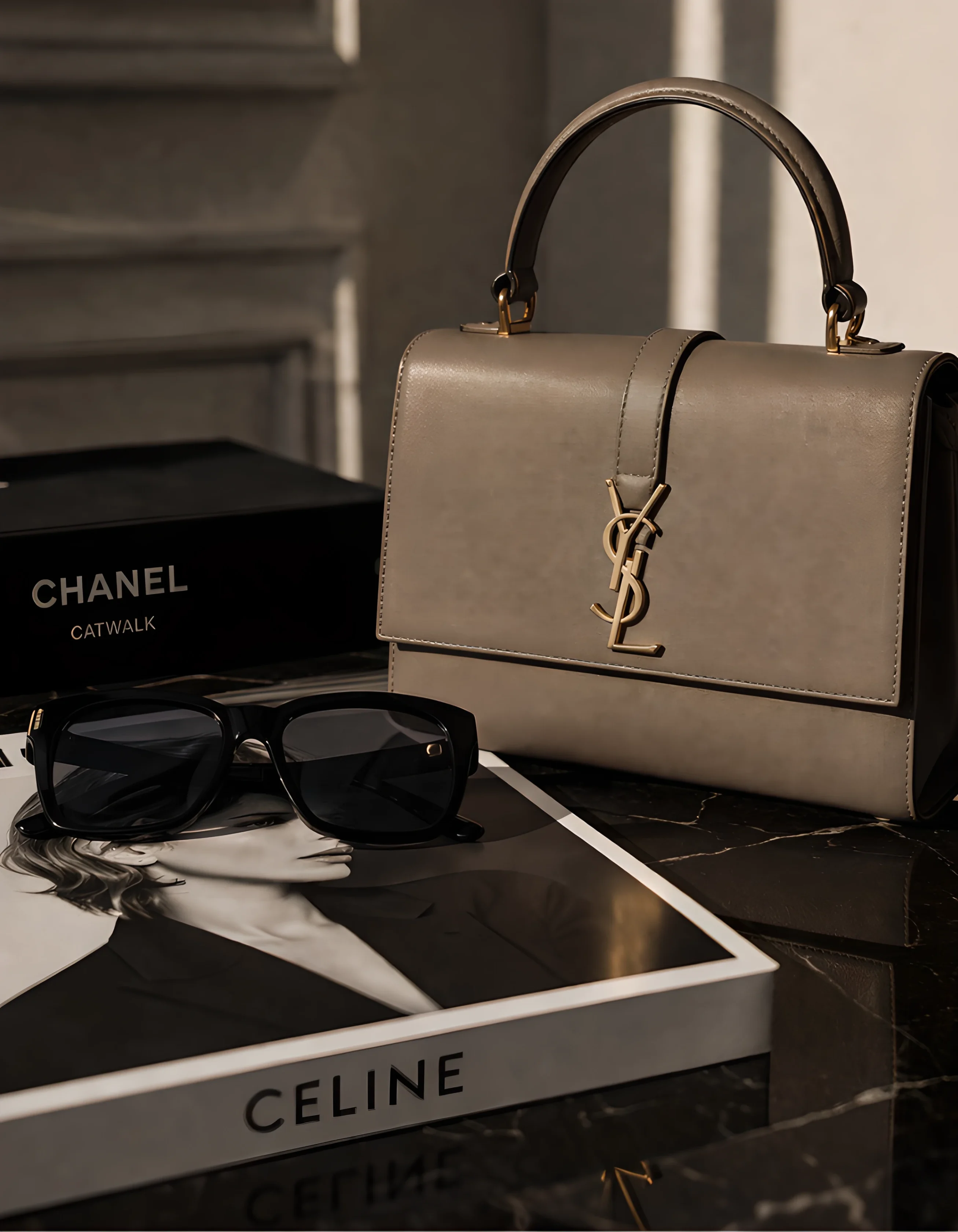 Luxury designer accessories still life with handbag sunglasses and high-end fashion styling