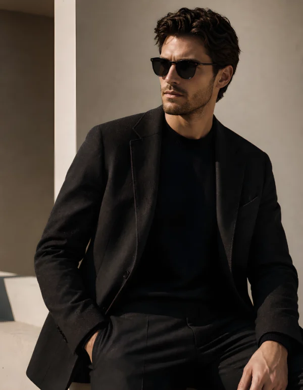Luxury menswear portrait with black tailored outfit and confident modern style