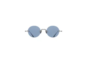 Round sunglasses with blue lenses and silver metal frame minimalist design