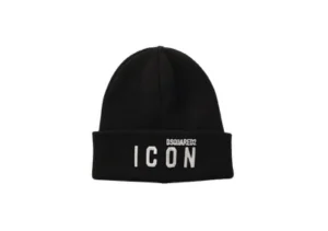 Women's black knit beanie with front logo minimalist streetwear design