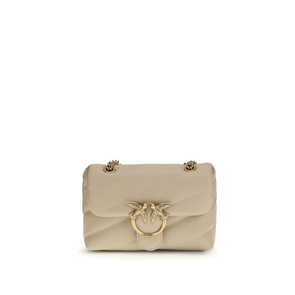PINKO Μπεζ Δερμάτινη Shoulder Bag Love Baby με Chain Strap