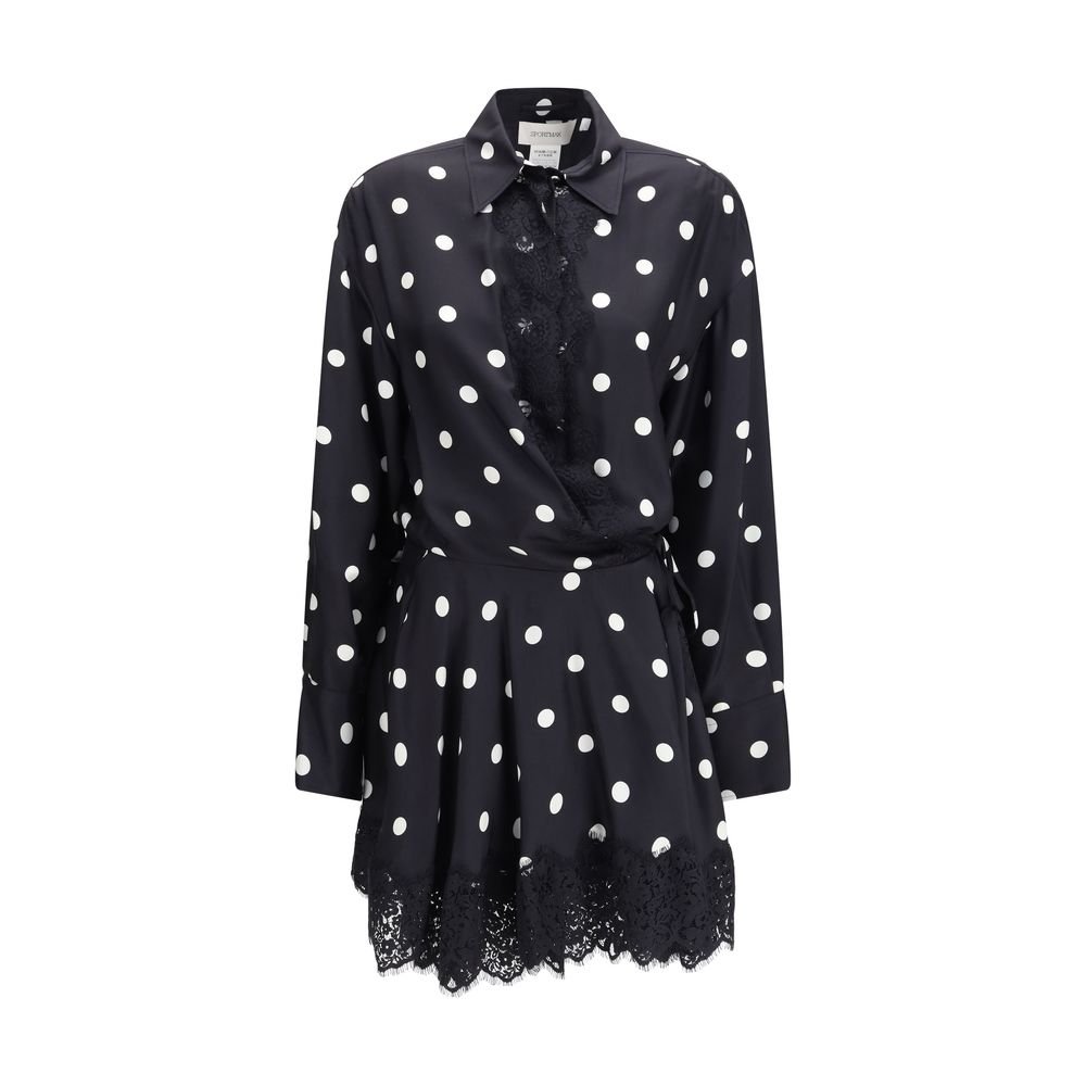 Max Mara Μαύρο Μεταξωτό Φόρεμα με Polka Dot Lace και Drawstring
