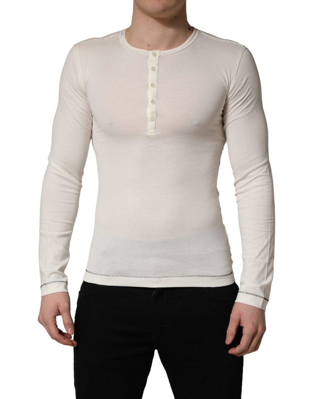 Dolce & Gabbana Λευκό Βαμβακερό Henley Πουλόβερ με Μακριά Μανίκια