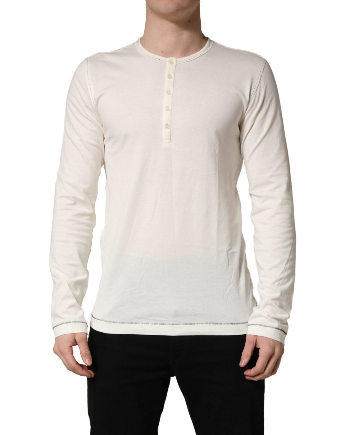 Dolce & Gabbana Λευκό Βαμβακερό Henley Πουλόβερ με Μακριά Μανίκια