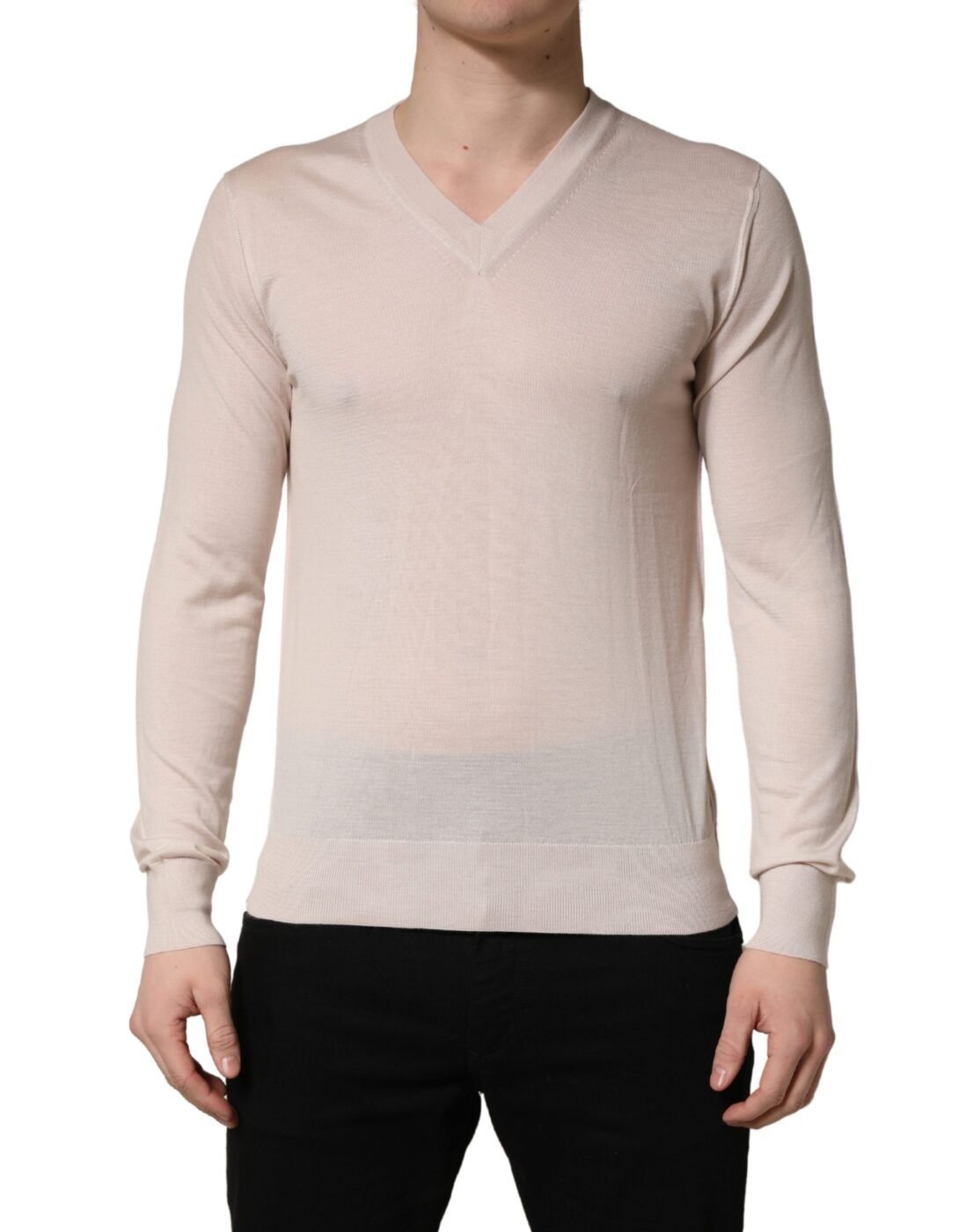 Dolce & Gabbana Μπεζ Κασμιρένιο Ανδρικό Πουλόβερ με V-Neck