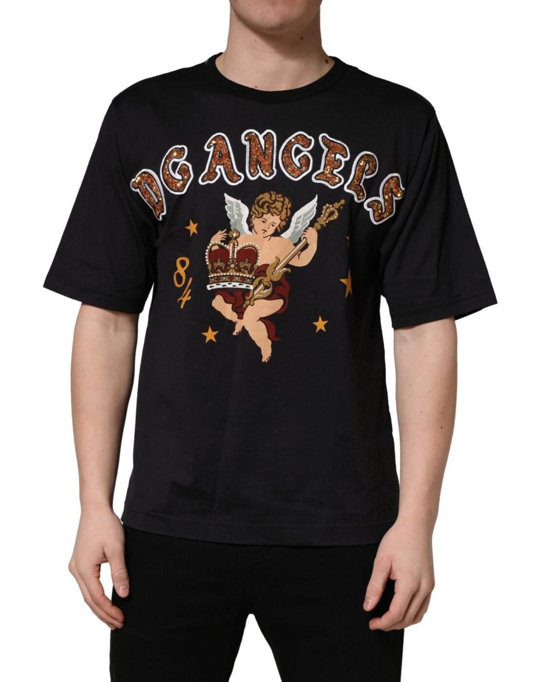 Dolce & Gabbana Μαύρο Βαμβακερό T-Shirt Angel Print με Στρογγυλή Λαιμόκοψη