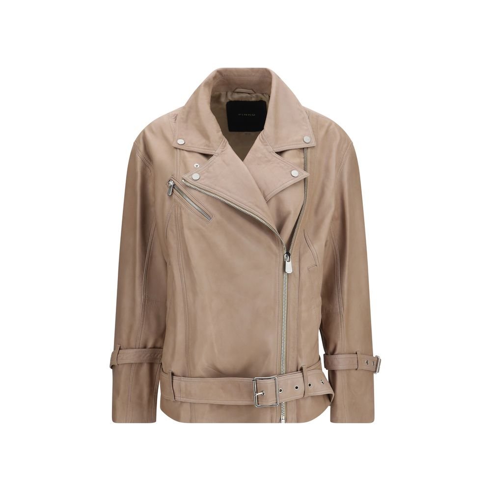 PINKO Μπεζ Δερμάτινο Biker Jacket