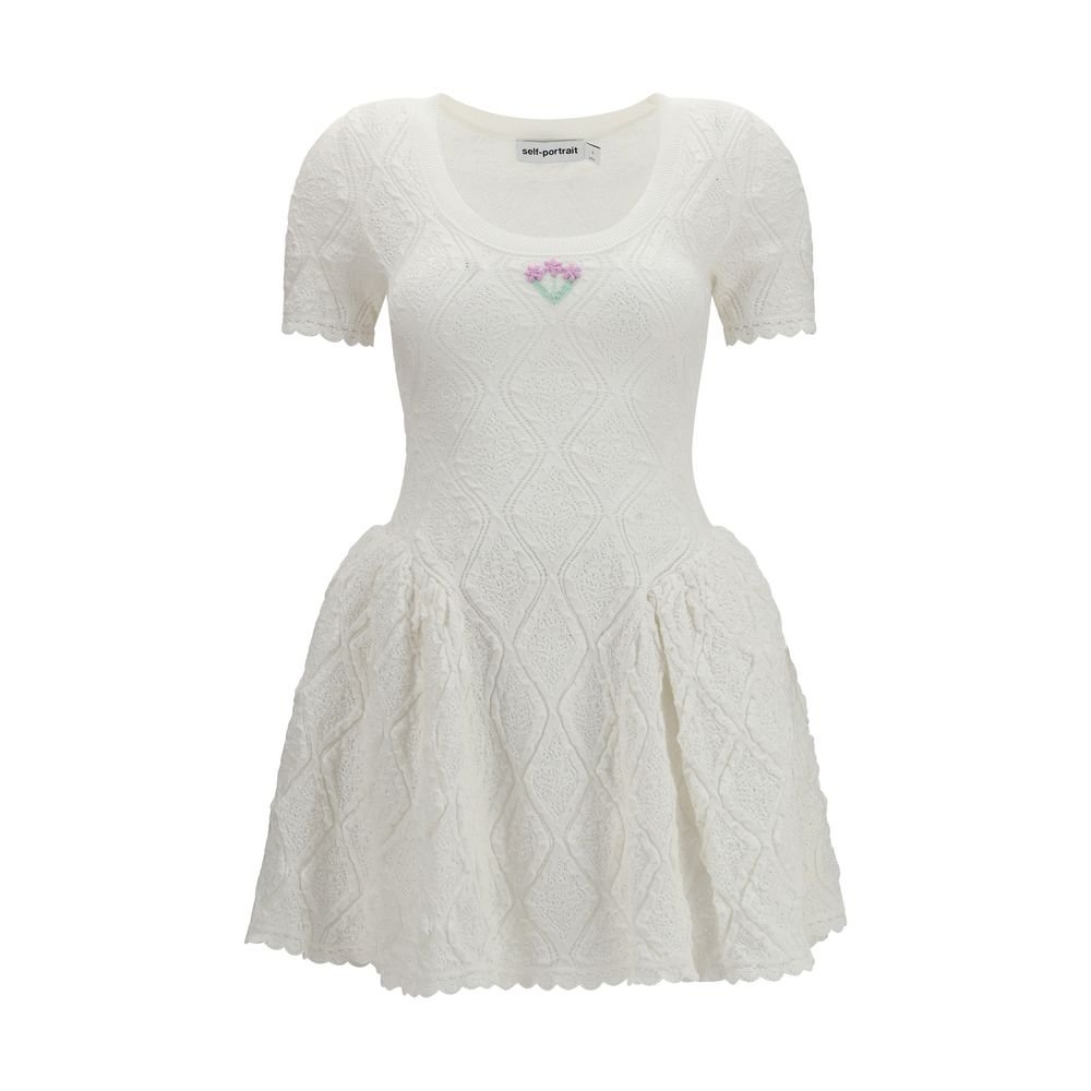Self-Portrait Λευκό Πλεκτό Mini Φόρεμα Pointelle με Floral Κέντημα