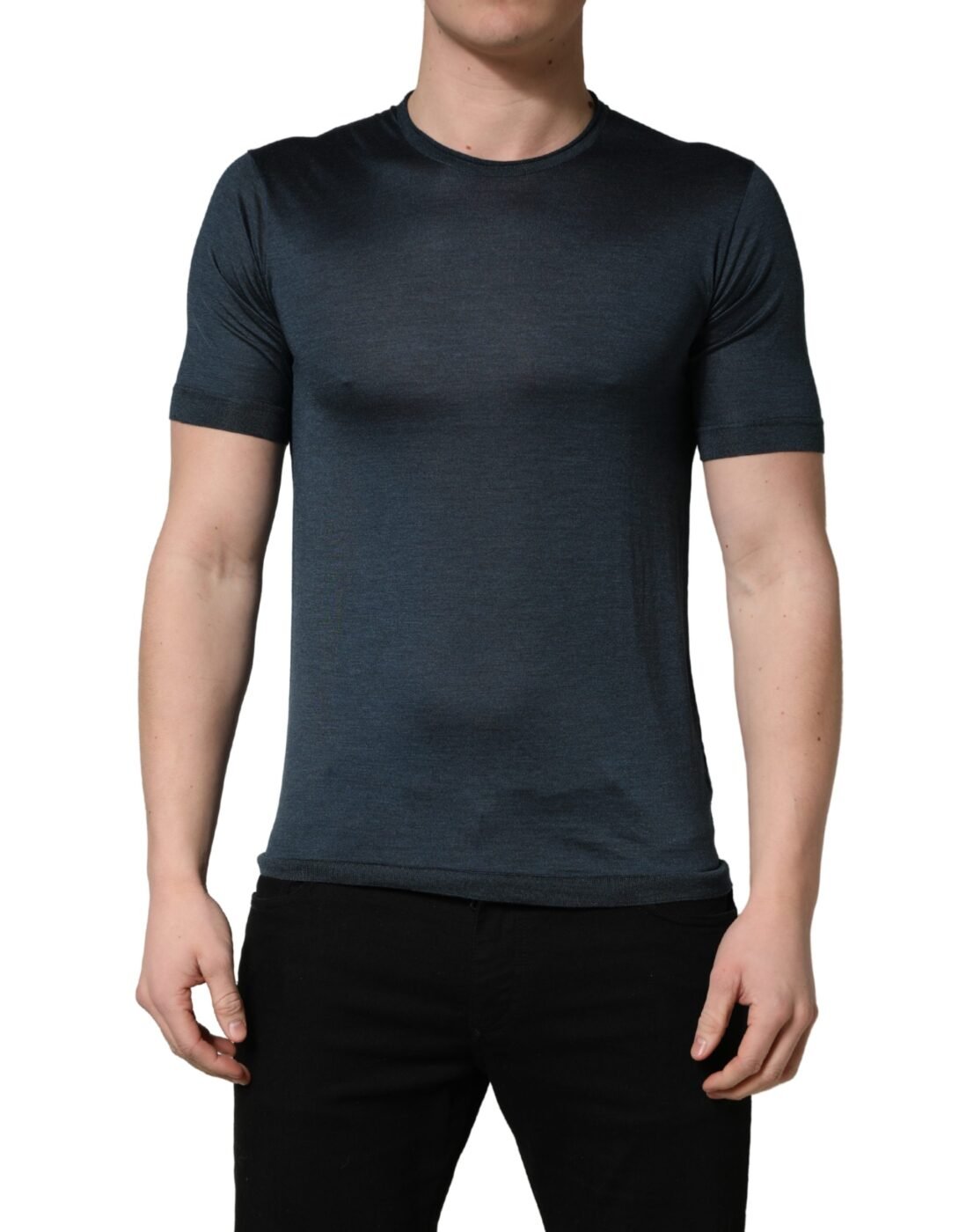 Dolce & Gabbana Σκούρο Μπλε Μεταξωτό T-Shirt με Στρογγυλή Λαιμόκοψη