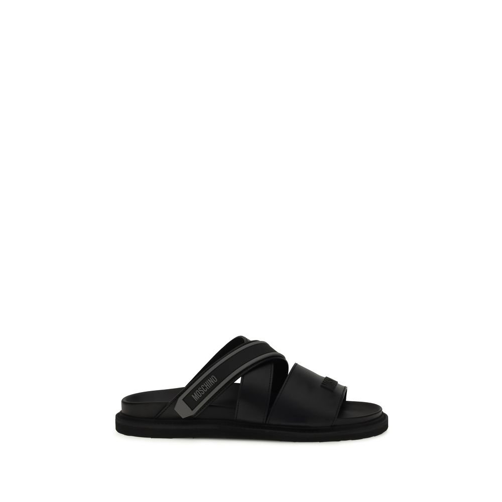 Moschino Μαύρα Δερμάτινα Flat Σανδάλια με Λογότυπο