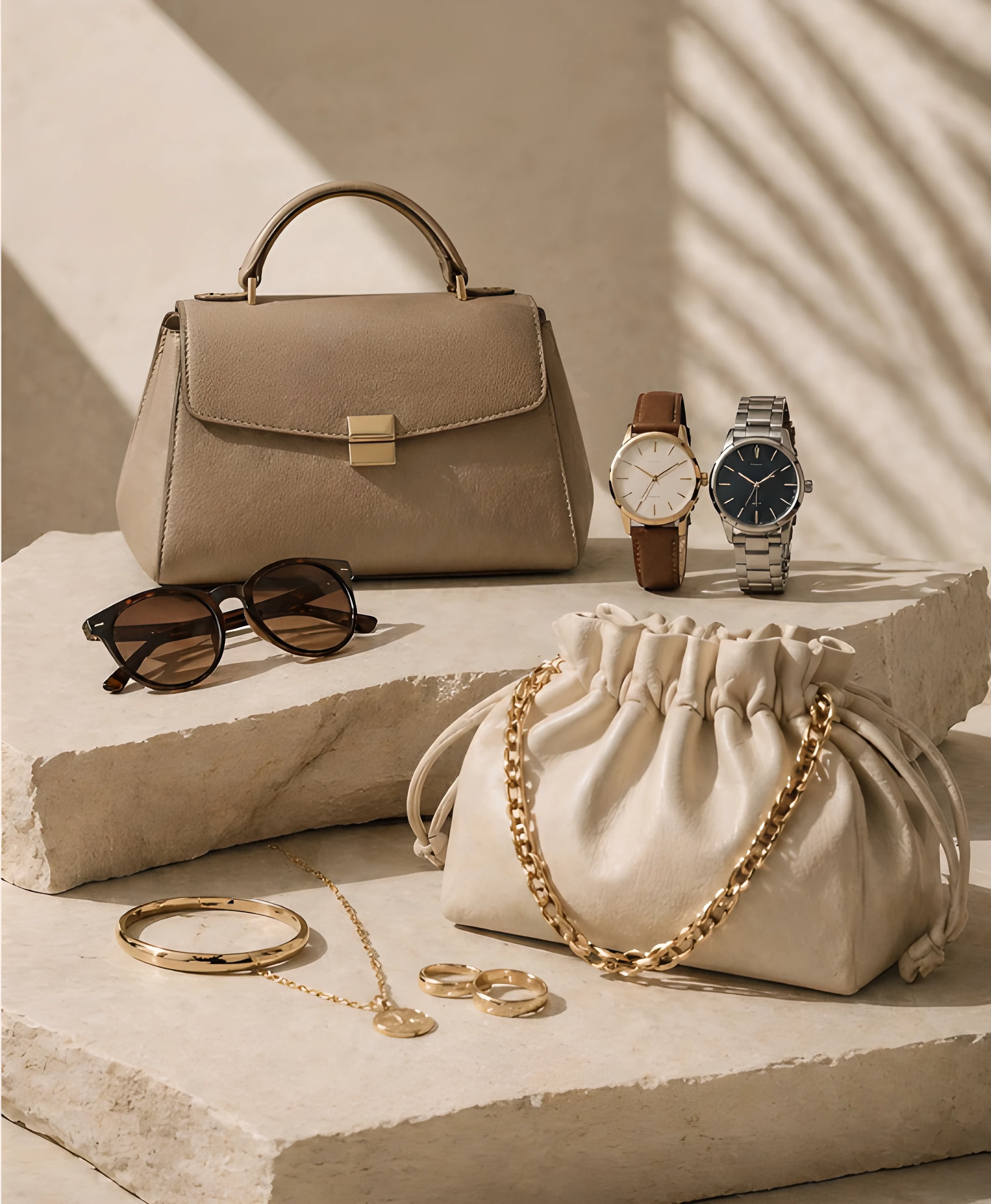 Luxury accessories portrait with leather bags watches and sunglasses in minimalist style