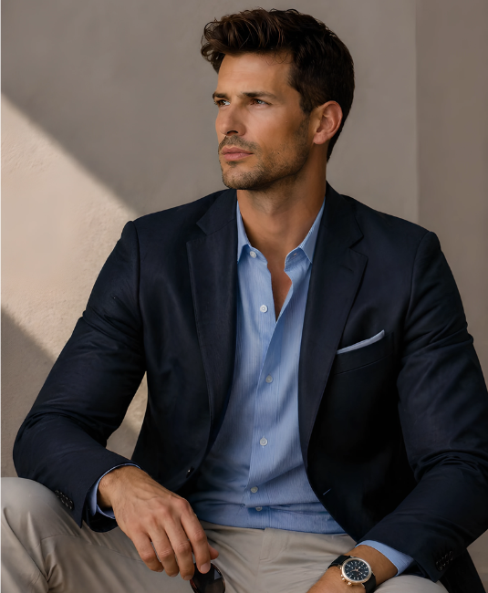 Luxury menswear portrait with navy blazer and beige trousers in minimalist style