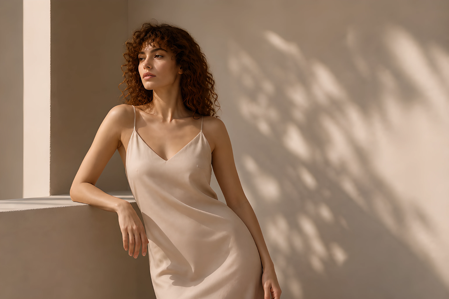 Luxury designer fashion portrait with minimal beige dress and elegant feminine aesthetic