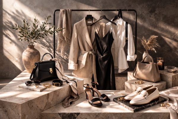 Luxury fashion accessories with women's shoes and handbags in elegant editorial setting