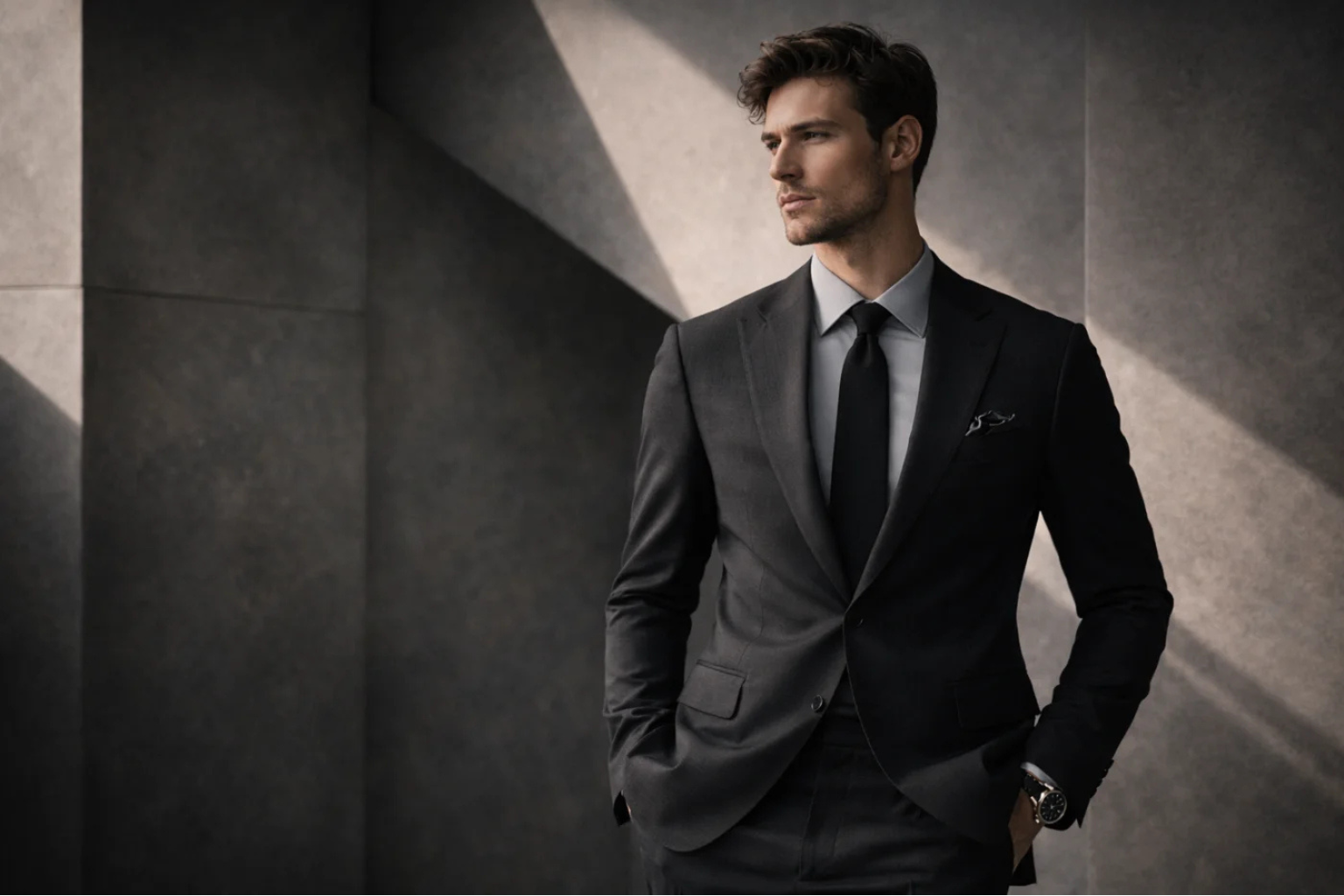 Luxury menswear portrait with modern tailored suit and elegant confident style