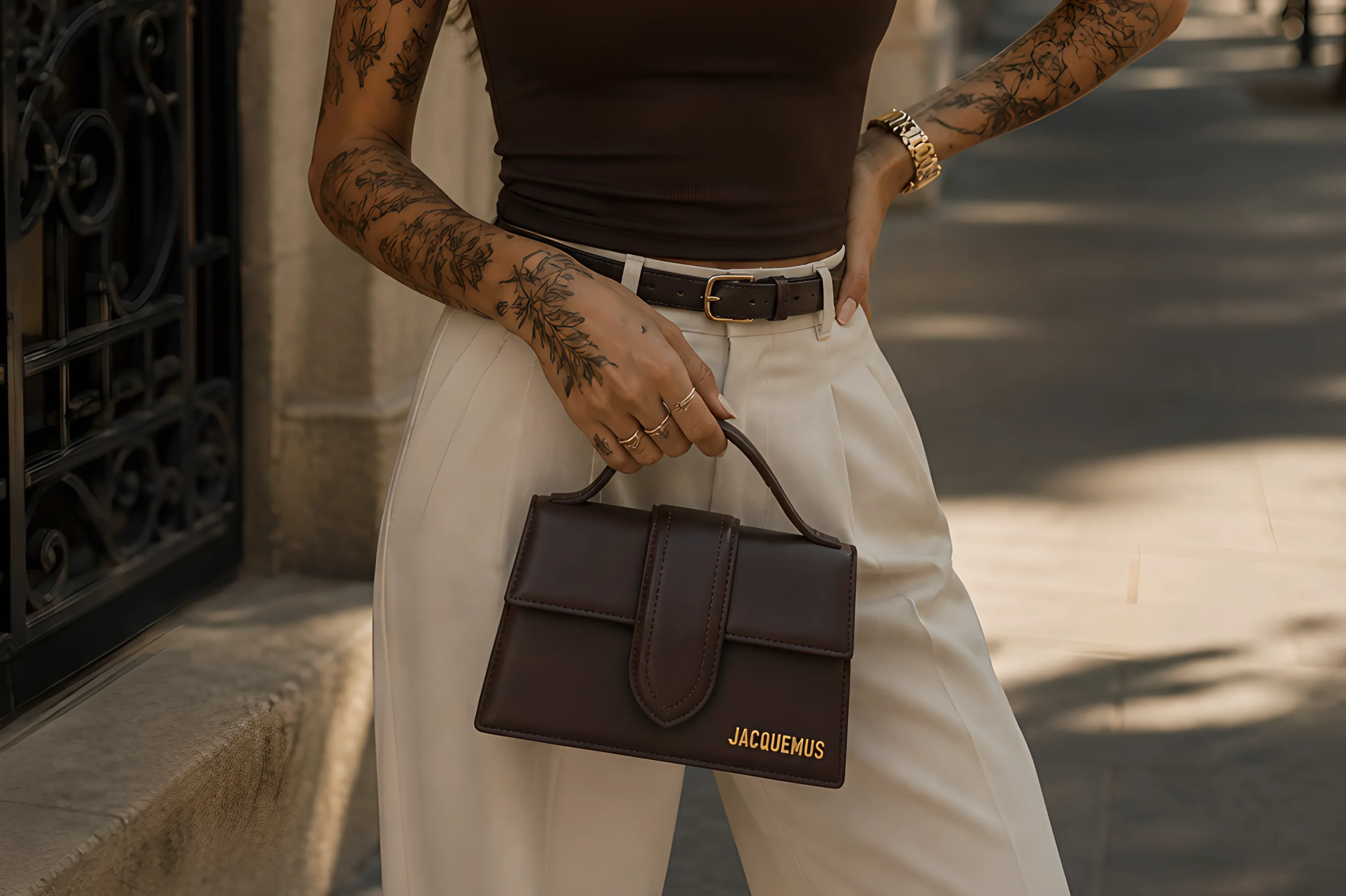 Luxury women's handbag street style with elegant outfit and modern confident aesthetic