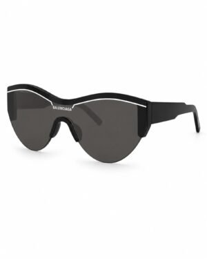 Balenciaga BB0004S 001 μαύρα γυναικεία shield γυαλιά ηλίου σε πλάγια όψη με λευκή λεπτομέρεια και logo
