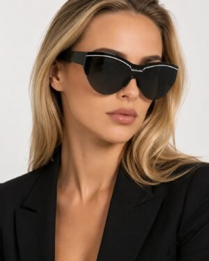 Balenciaga BB0004S 001 μαύρα shield γυαλιά ηλίου φορεμένα σε ξανθό μοντέλο με μαύρο blazer