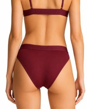 Πίσω όψη από Calvin Klein γυναικείο bikini bottom σε μπορντό χρώμα φορεμένο σε μοντέλο
