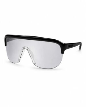 Gucci GG1645S 003 ανδρικά sports visor γυαλιά ηλίου σε πλάγια όψη με μαύρο σκελετό και silver mirror φακό
