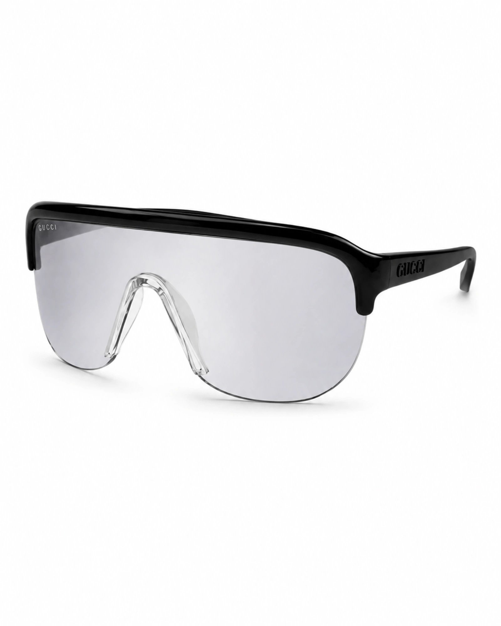 Gucci GG1645S 003 ανδρικά sports visor γυαλιά ηλίου σε πλάγια όψη με μαύρο σκελετό και silver mirror φακό