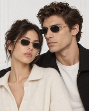 Ζευγάρι μοντέλα που φορά Gucci GG1648S 008 ασημί ορθογώνια γυαλιά ηλίου