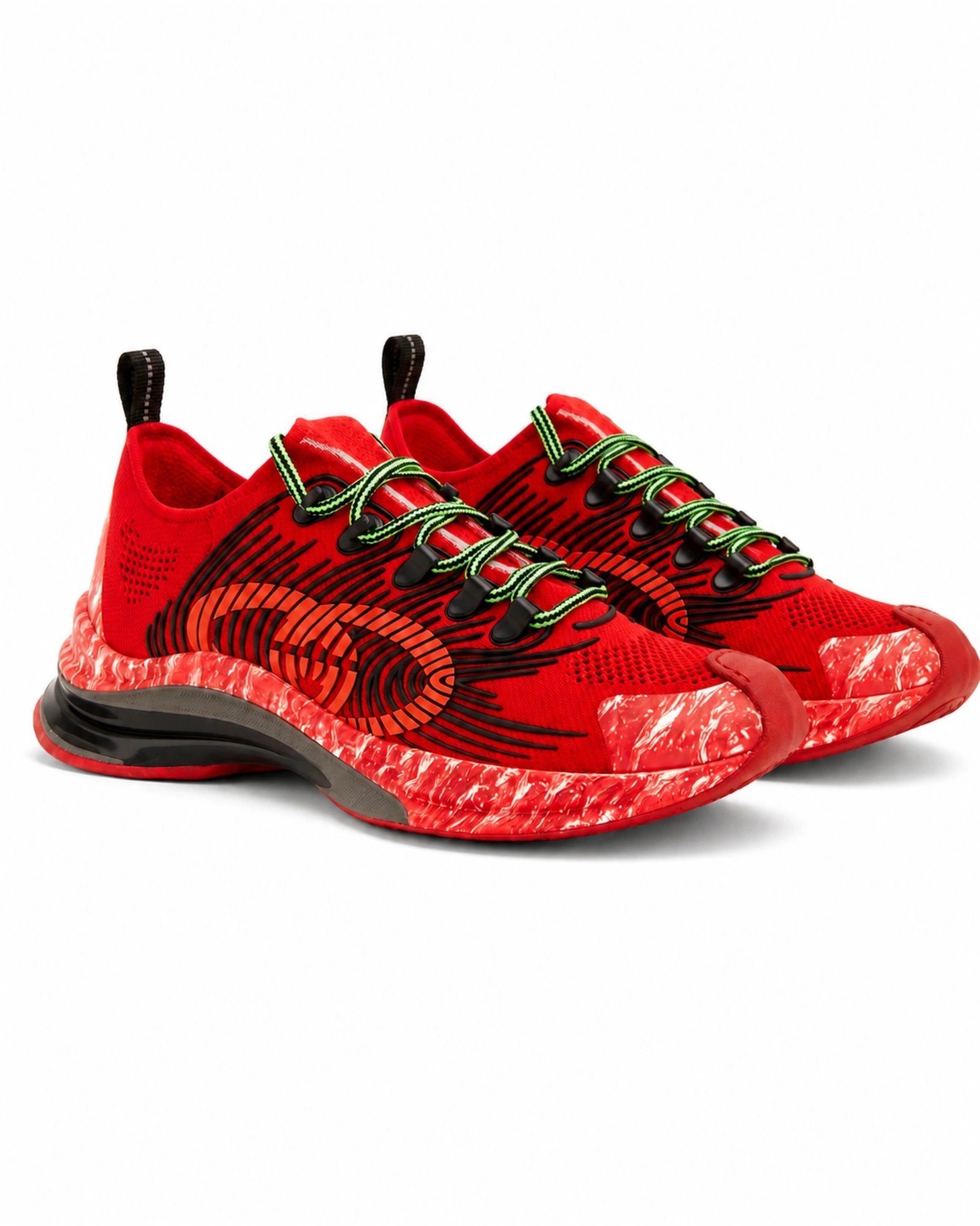 Ζευγάρι ανδρικά Gucci Run sneakers κόκκινα με πράσινα κορδόνια και μαύρες λεπτομέρειες