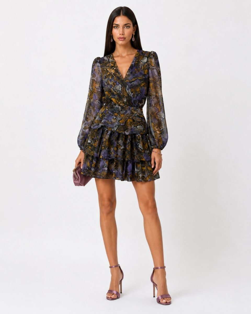 Just Cavalli μίνι φόρεμα με reptile print φορεμένο σε μοντέλο με μωβ satin πέδιλα και clutch