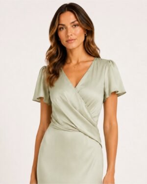 Κοντινή λεπτομέρεια από Lavish Alice sage green satin maxi φόρεμα με V λαιμόκοψη και κρουαζέ ντραπέ μπούστο