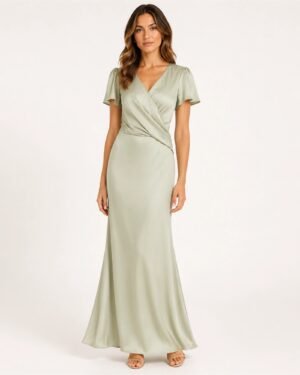 Lavish Alice sage green satin maxi φόρεμα φορεμένο σε μοντέλο με κρουαζέ V λαιμόκοψη και elegant styling