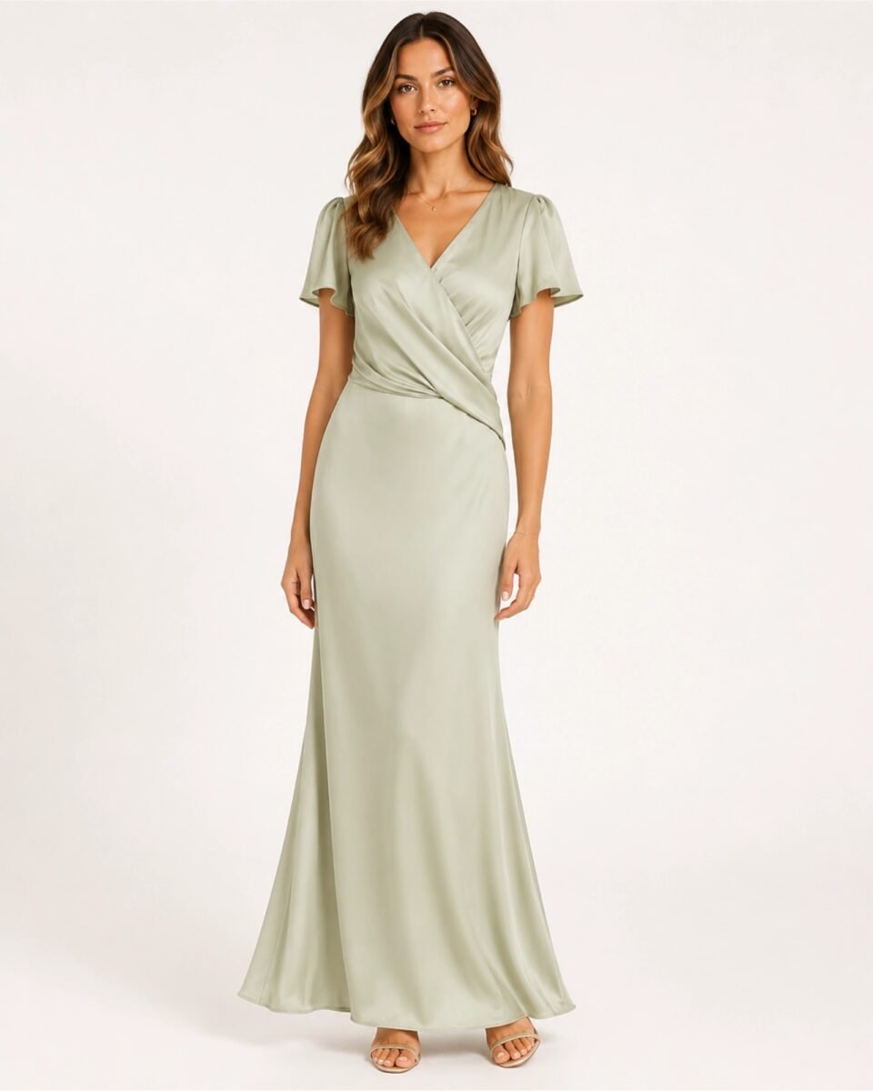 Lavish Alice sage green satin maxi φόρεμα φορεμένο σε μοντέλο με κρουαζέ V λαιμόκοψη και elegant styling