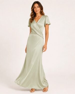 Lavish Alice sage green draped wrap satin maxi φόρεμα σε styled φωτογράφιση με elegant κίνηση