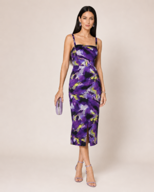Phase Eight Adelita μωβ midaxi φόρεμα με abstract print σε styled εμφάνιση με λιλά πέδιλα και clutch