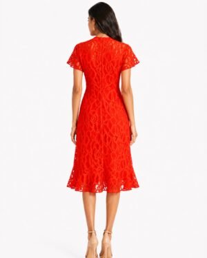 Πίσω όψη Phase Eight Lulu Floral Lace Midi Φόρεμα κόκκινο με φερμουάρ και flounce τελείωμα