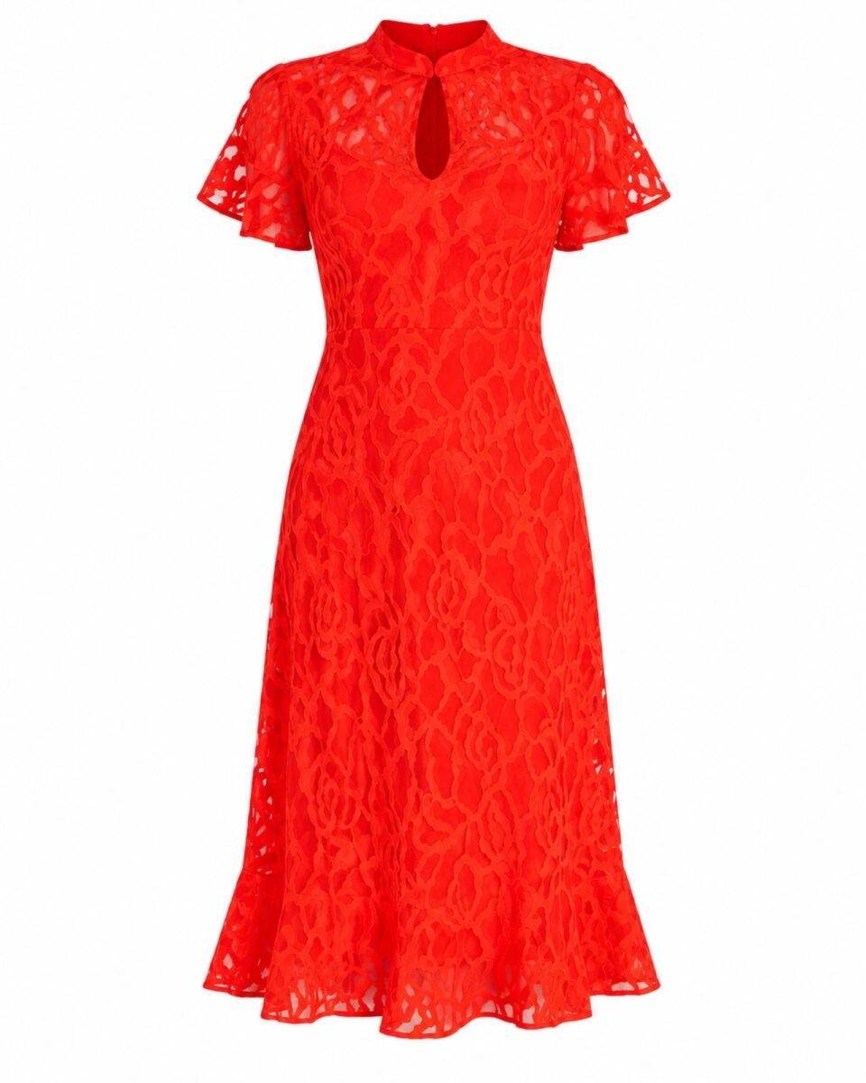 Phase Eight Lulu Floral Lace Midi Φόρεμα Κόκκινο