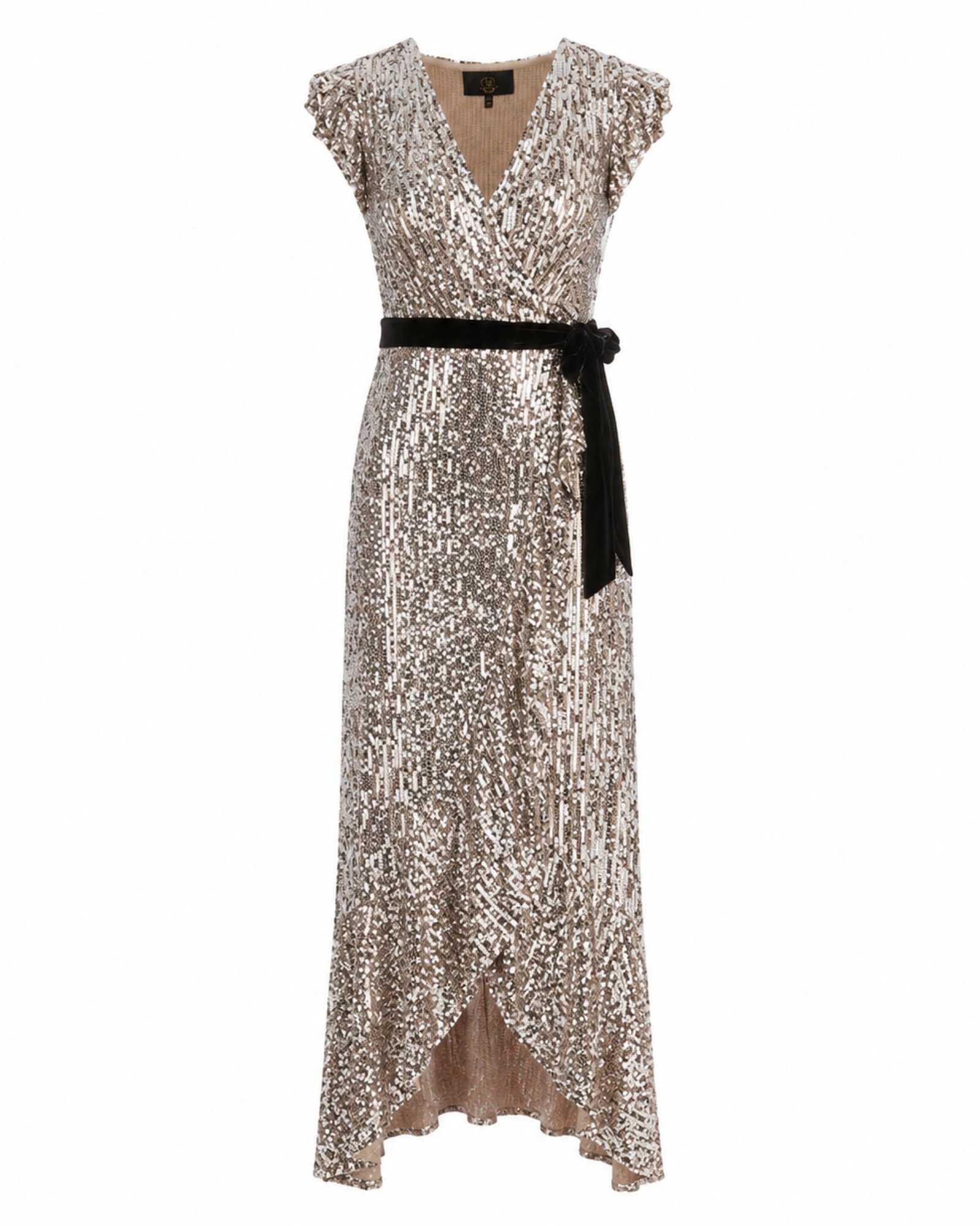 Phase Eight Petite Enja maxi φόρεμα με παγιέτες σε χρυσό ασημί τόνο και μαύρη βελούδινη ζώνη