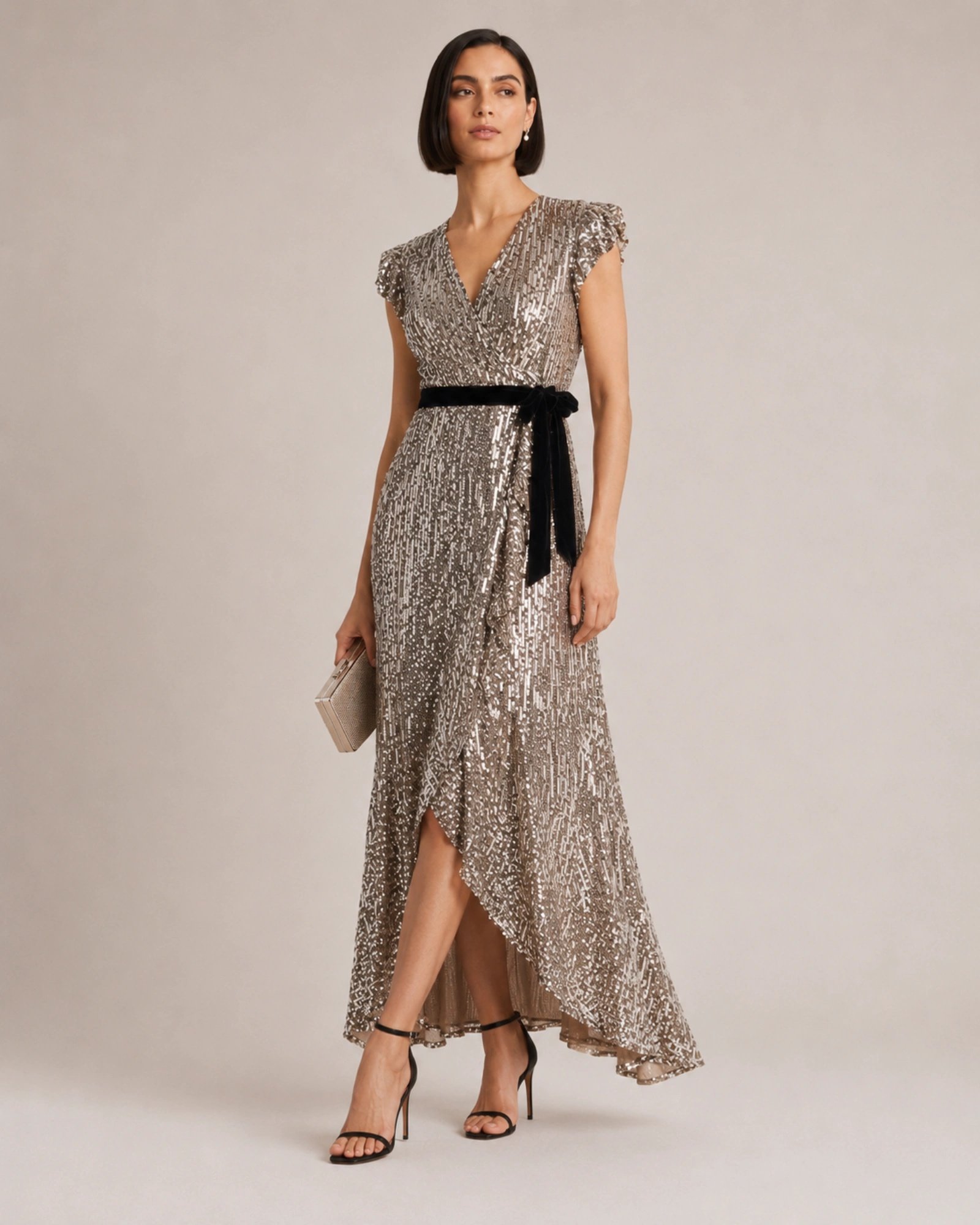 Phase Eight Petite Enja maxi φόρεμα με παγιέτες σε styled πόζα με μαύρη βελούδινη ζώνη και strappy πέδιλα