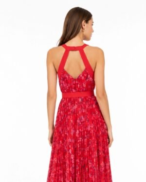 Πίσω όψη του Phase Eight Zoya pleat floral midi dress φορεμένο σε μοντέλο με ανοιχτή πλάτη και halter λουριά