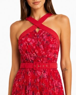 Κοντινή λεπτομέρεια από το Phase Eight Zoya pleat floral midi dress με halter λαιμόκοψη, floral print και ζώνη