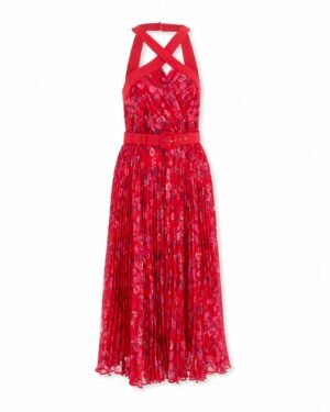 Phase Eight Zoya pleat floral midi dress σε κόκκινη και ροζ floral απόχρωση με πλισέ φούστα, halter λαιμόκοψη και ζώνη