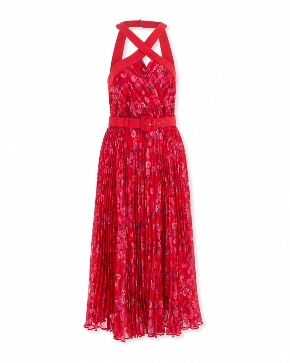 Phase Eight Zoya Pleat Floral Midi Φόρεμα Κόκκινο / Ροζ