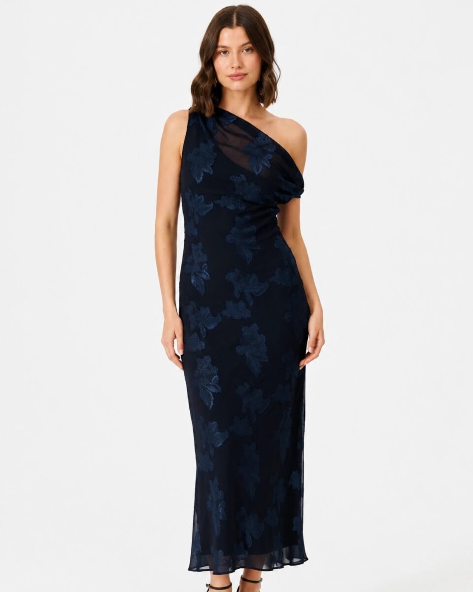 ST Frock Lunar Romance navy burnout chiffon maxi φόρεμα φορεμένο σε μοντέλο από μπροστά