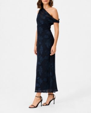 Πλάγια όψη ST Frock Lunar Romance navy off shoulder maxi φόρεμα με burnout chiffon υφή
