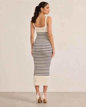 Πίσω όψη από Pretty Lavish Maria ριγέ πλεκτό midaxi φόρεμα φορεμένο σε μοντέλο