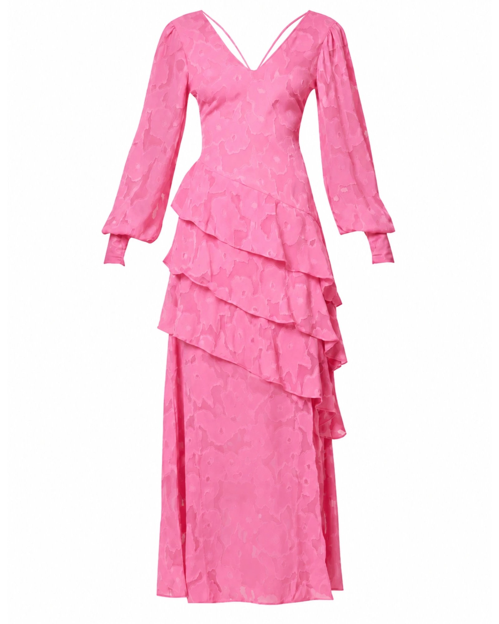 Ροζ jacquard maxi φόρεμα Pretty Lavish με μακριά μανίκια και ασύμμετρα βολάν σε λευκό φόντο