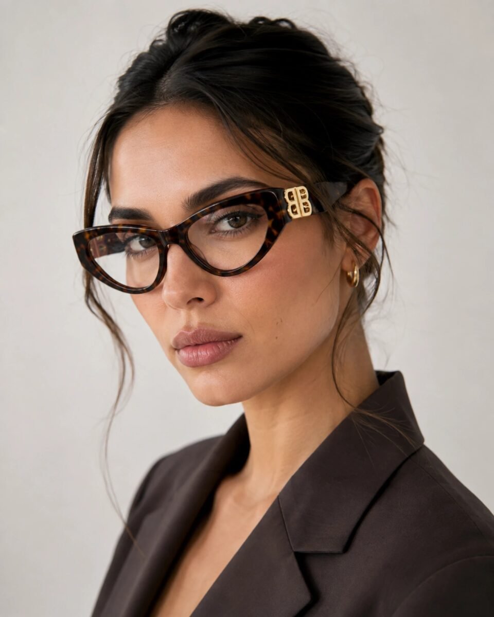 Γυναικείο μοντέλο φοράει Balenciaga BB0313O 002 Havana cat eye γυαλιά οράσεως